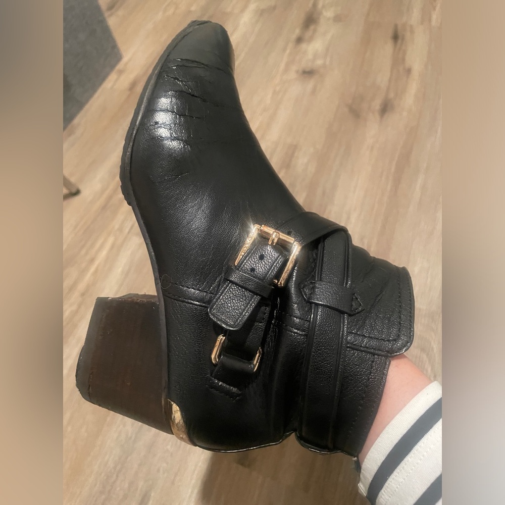 COACH-Black Leather Ankle Booties with gold Coach logo - Picture 5 of 7